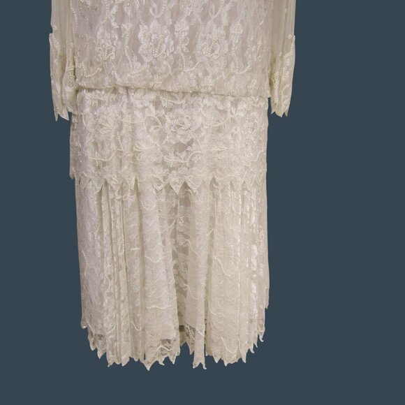 VTG SCALA M Lace Beaded Romantic Wedding Flapper Drop Waist Midi Maxi Dress - Picture 4 of 15